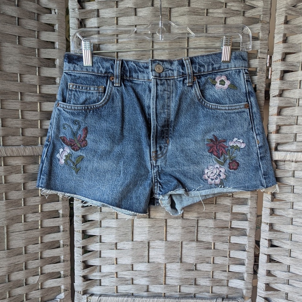 Reformation Charlie Jean Shorts Fauna Embroidery Floral‎ Butterfly Sz 26 Denim